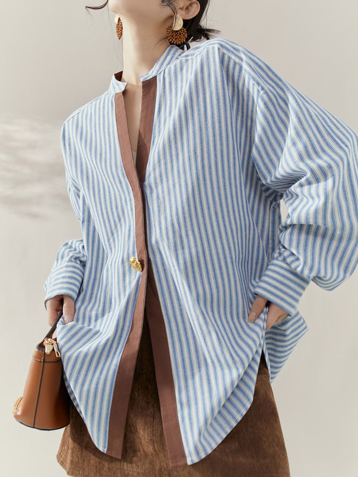 Women Loose Fit Striped Shirt Long Sleeve Blouse Casual Cotton Top with Contrast Trim Elegant Tops - Image 1
